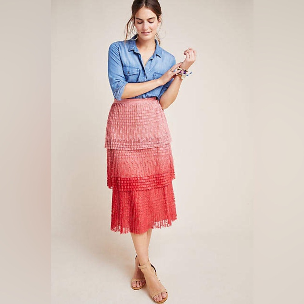 Anthropologie Maeve Brighton Pink Tiered Skirt Sz. 6